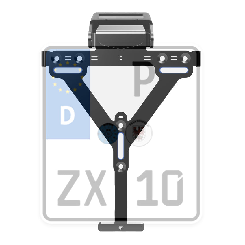 Universal Plate Holder mit drei markierten Verschraubpunkten über einem Kennzeichen